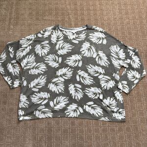 J. Jill Linen Blend Sweater Women's 2X Gray Palm Leaf Print Lightweight Tropical